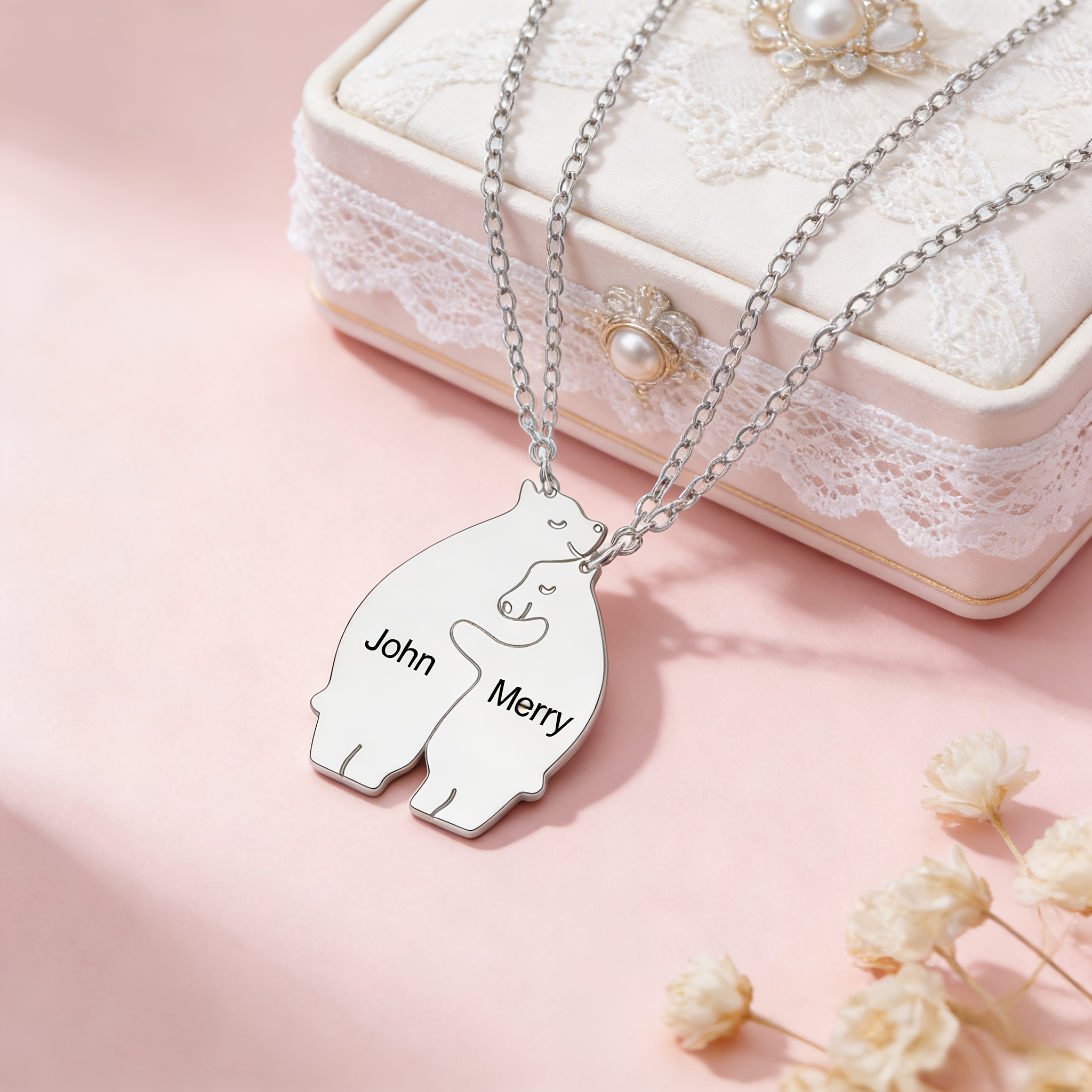 2pcs Personalized Custom Animal Bear Pendant Matching Necklace Set